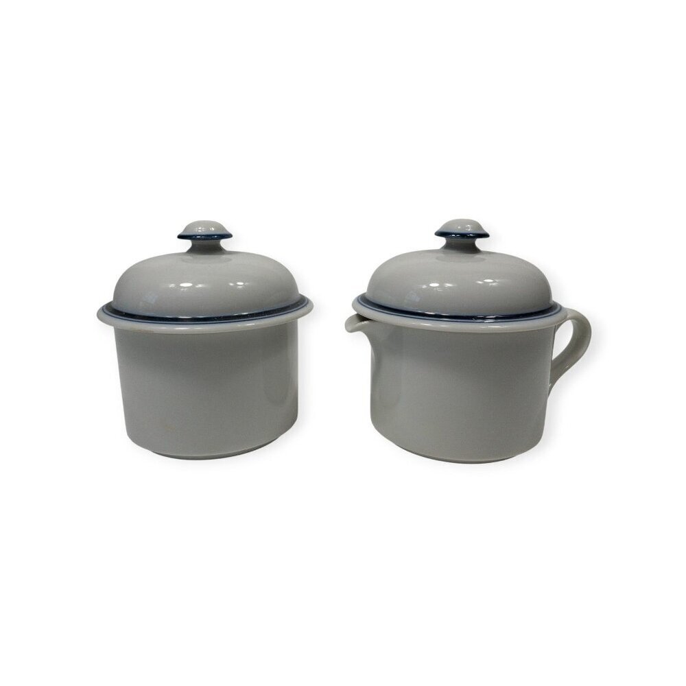 Dansk Bistro Blue Rim Ceramic Sugar & Creamer Set With Lids